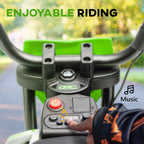 First-person view of green kids' electric motorcycle handlebars with music control buttons and a power switch.