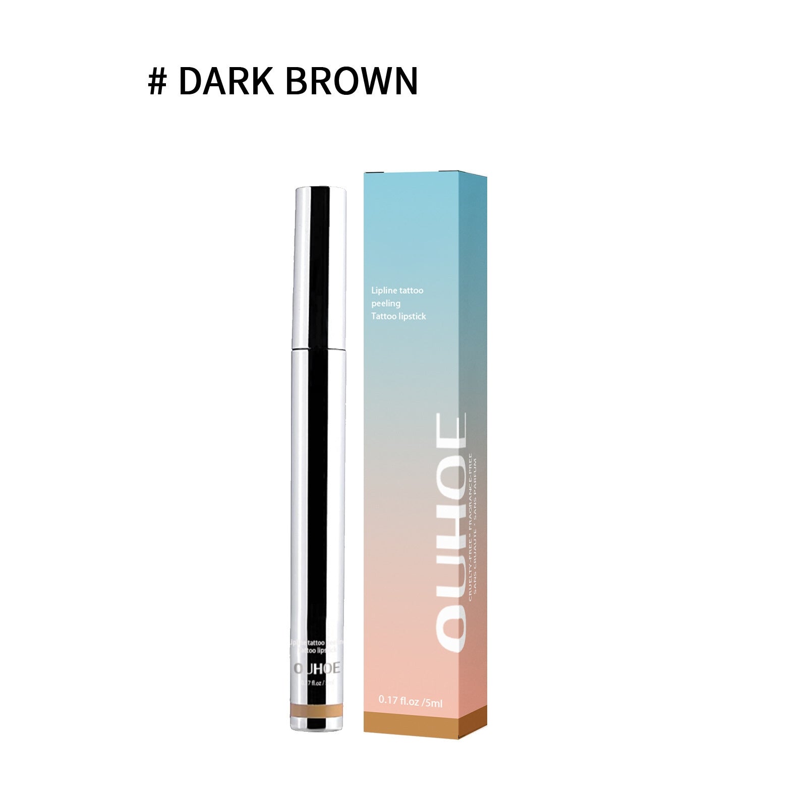 OUHOE Dark Brown peel-off lipliner pen and its blue-to-peach gradient box packaging on a white background.