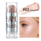 Digitaldistribution375 shimmer highlighter stick in #02 with a champagne-pink product swatch and model application.