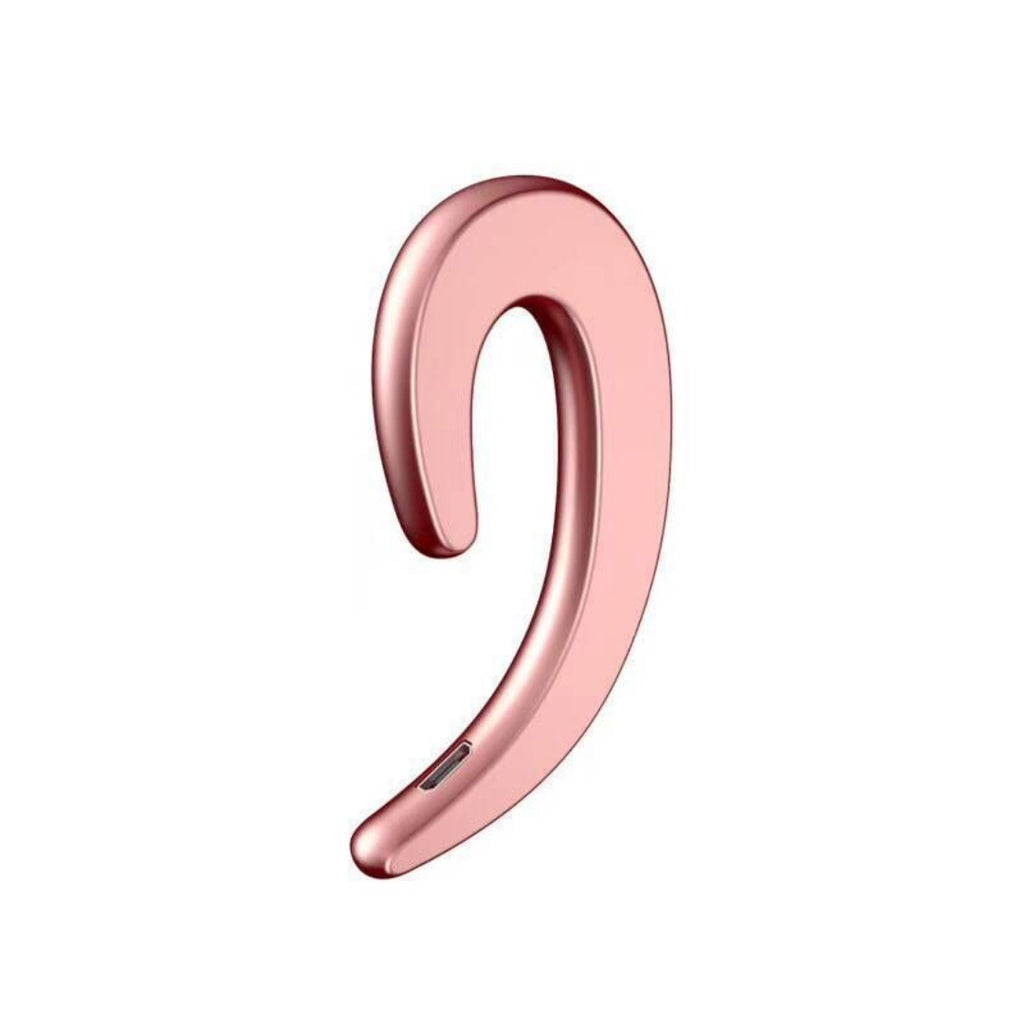 Metallic rose gold, C-shaped bone conduction Bluetooth sports headphone with a side charging port on a white background.