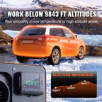 Diesel air heater unit with LCD control panel and altitude reference graph, featuring an orange car in snowy mountains.