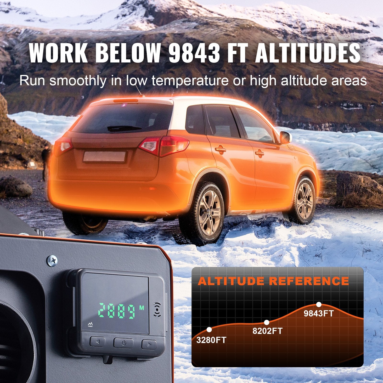 Diesel air heater unit with LCD control panel and altitude reference graph, featuring an orange car in snowy mountains.