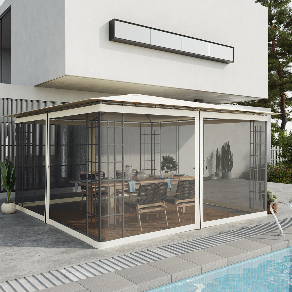 Black 13x13 gazebo mosquito netting with zippers and rings on a poolside patio, made of durable, washable polyester.