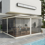 Black 13x13 gazebo mosquito netting with zippers and rings on a poolside patio, made of durable, washable polyester.