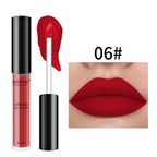 Julystar soft matte lip cream in vibrant red, shown as a tube, applicator swatch, and applied to lips. Shade 06#.