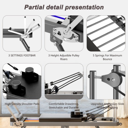 Detailed view of a black Pilates reformer showing adjustable footbar, pulley risers, 5 springs, and smooth slide rails.