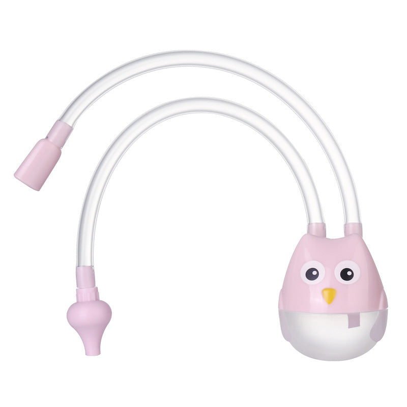 Pink owl-shaped nasal aspirator with clear silicone tubing and nozzle for baby, isolated on white background.