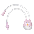 Pink owl-shaped nasal aspirator with clear silicone tubing and nozzle for baby, isolated on white background.