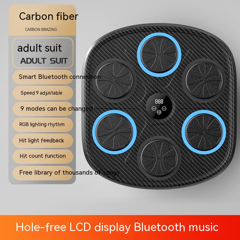 Black, carbon-fiber boxing wall target with five circular pads, LED indicators, and a central LCD display screen.