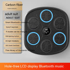 Black, carbon-fiber boxing wall target with five circular pads, LED indicators, and a central LCD display screen.