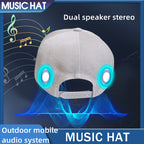 Light gray fabric snapback cap featuring glowing dual Bluetooth speakers on the sides, set against a musical background.
