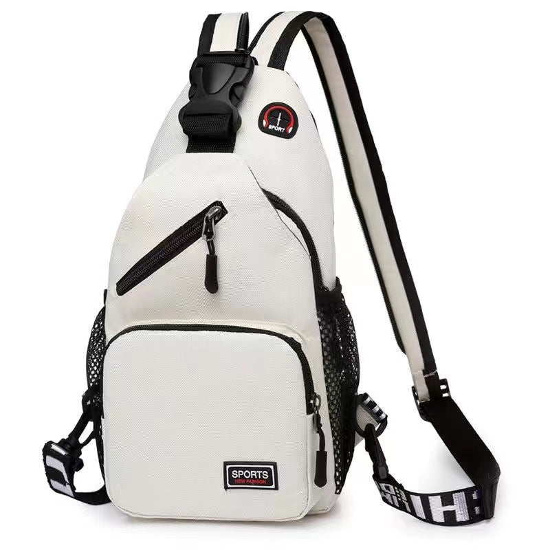 White waterproof chest bag with black trim, mesh side pockets, sport logo patch, and adjustable buckled strap.