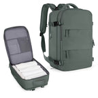 Sage green waterproof travel backpack with side compression straps, internal organizers, and padded shoulder straps.