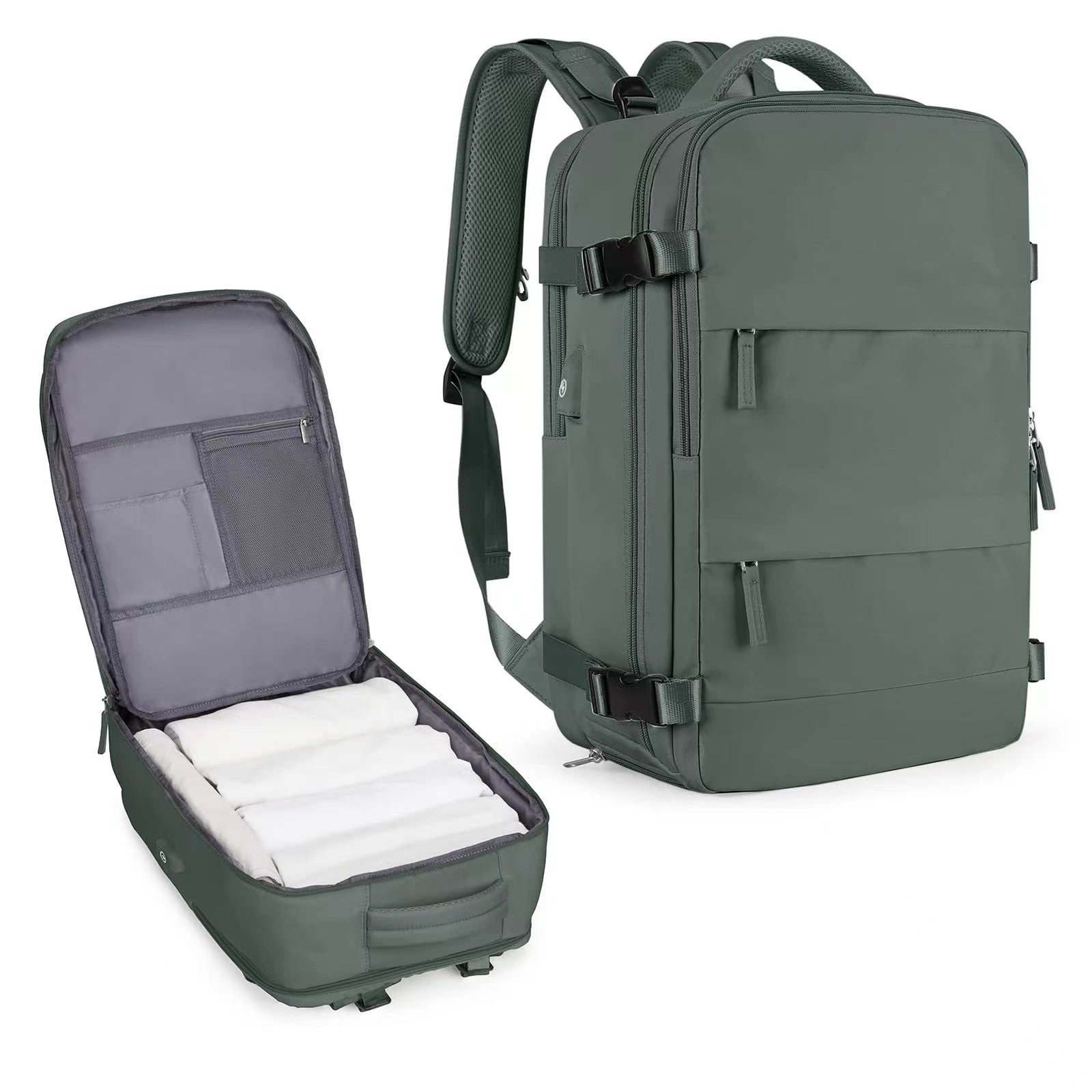 Sage green waterproof travel backpack with side compression straps, internal organizers, and padded shoulder straps.