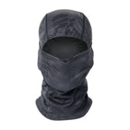 Black tactical balaclava with a grey honeycomb camo pattern, full-face design, and lightweight, breathable fabric.