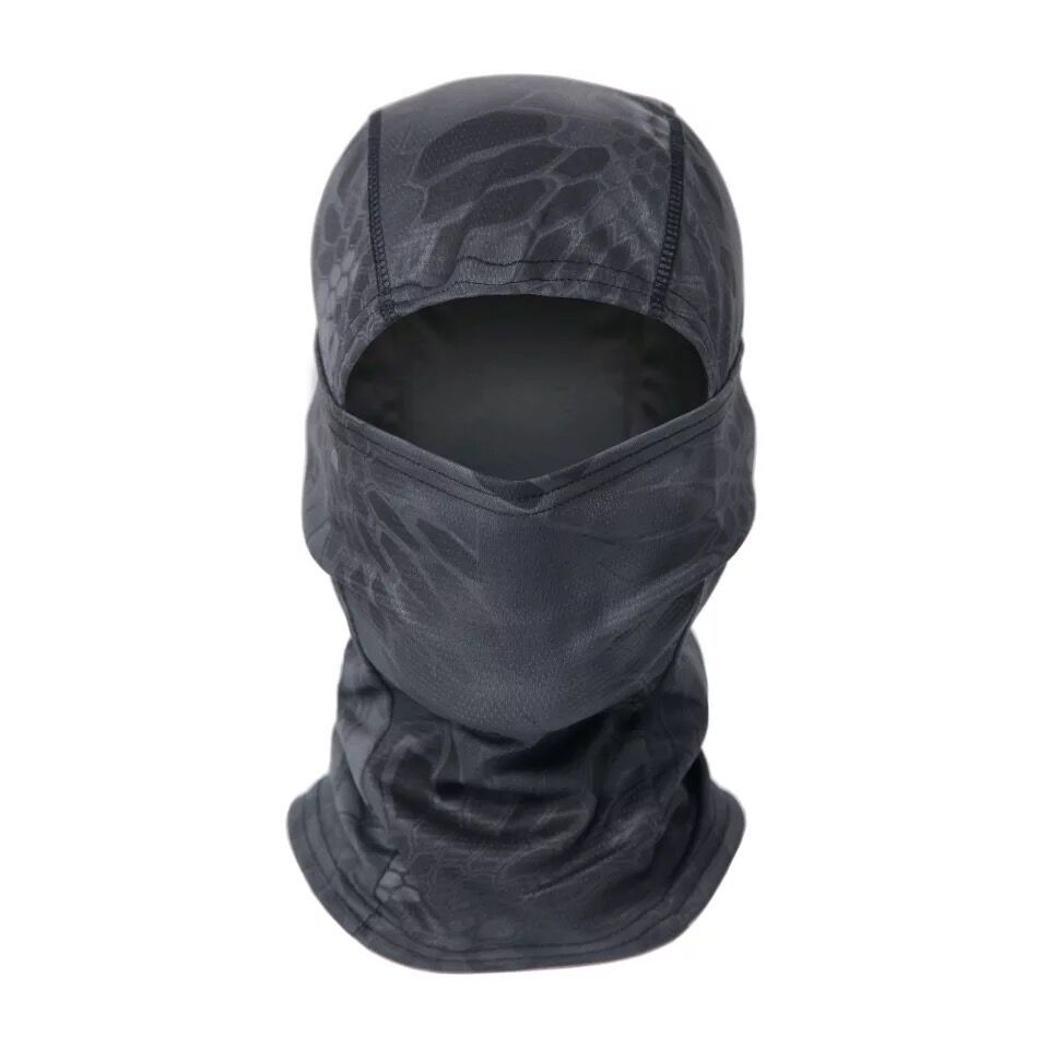 Black tactical balaclava with a grey honeycomb camo pattern, full-face design, and lightweight, breathable fabric.