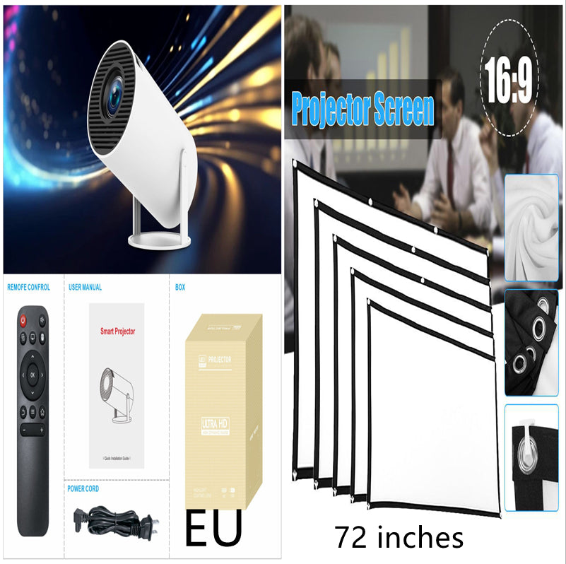 HY300 Pro white portable projector, remote, cables, box, and 72-inch 16:9 projection screen with metal grommets.