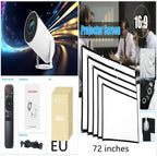 HY300 Pro white portable projector, remote, cables, box, and 72-inch 16:9 projection screen with metal grommets.