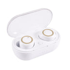 White Digitaldistribution375 wireless in-ear headphones in an open, white charging case with gold circular accents.