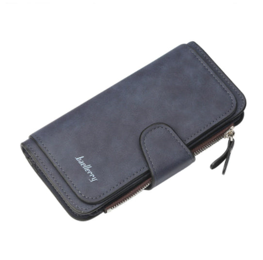 Navy blue faux leather women's wallet by Baellerry with a snap-button closure, side zipper, and minimalist design.