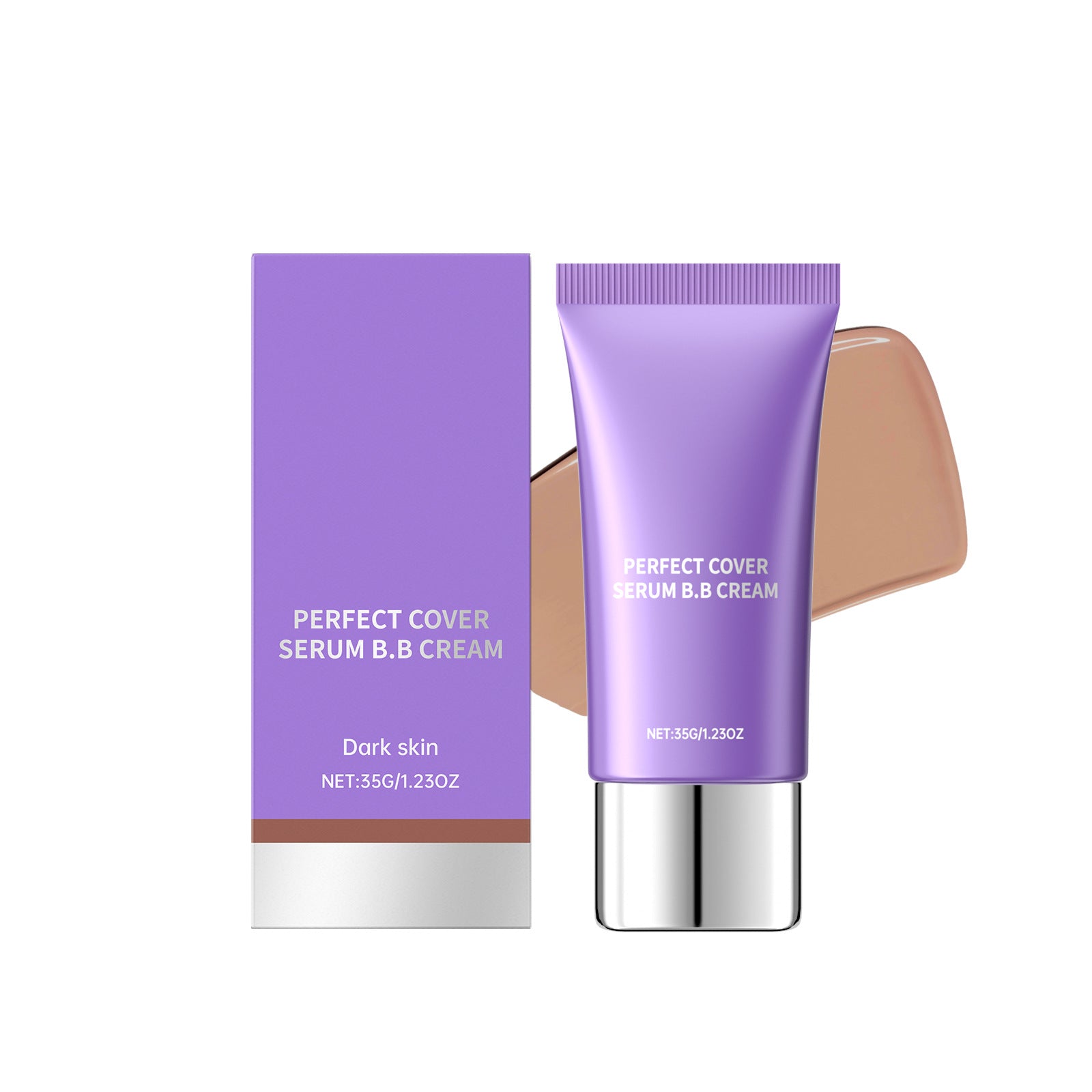 Purple tube and box of Perfect Cover Serum BB Cream for dark skin, shown with a swatch of beige foundation.