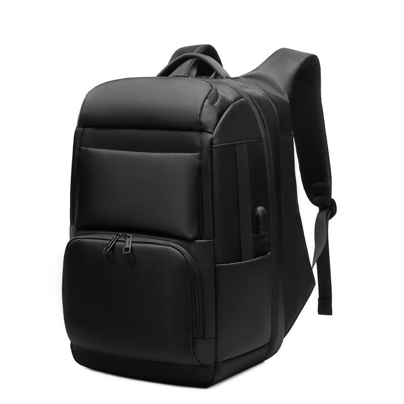 Black, minimalist multifunctional backpack with sleek fabric, zippered compartments, and an integrated USB charging port.
