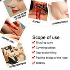 Collage showing SFX makeup uses: shaping scars, covering tattoos, filling skin, nose shaping, and gory cosplay looks.