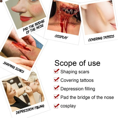 Collage showing SFX makeup uses: shaping scars, covering tattoos, filling skin, nose shaping, and gory cosplay looks.