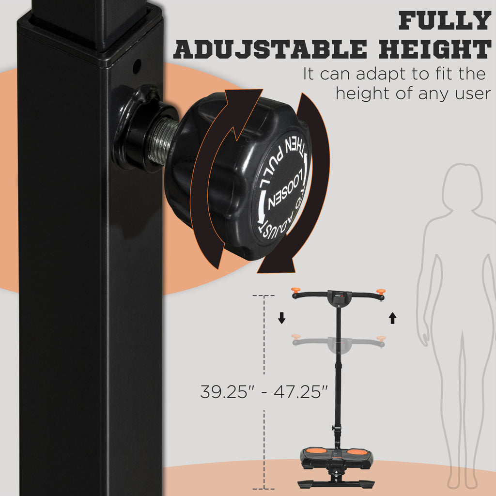 Black metal adjustable knob on a Soozier ab workout machine. Height ranges from 39.25 to 47.25 inches.