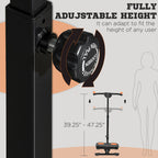 Black metal adjustable knob on a Soozier ab workout machine. Height ranges from 39.25 to 47.25 inches.