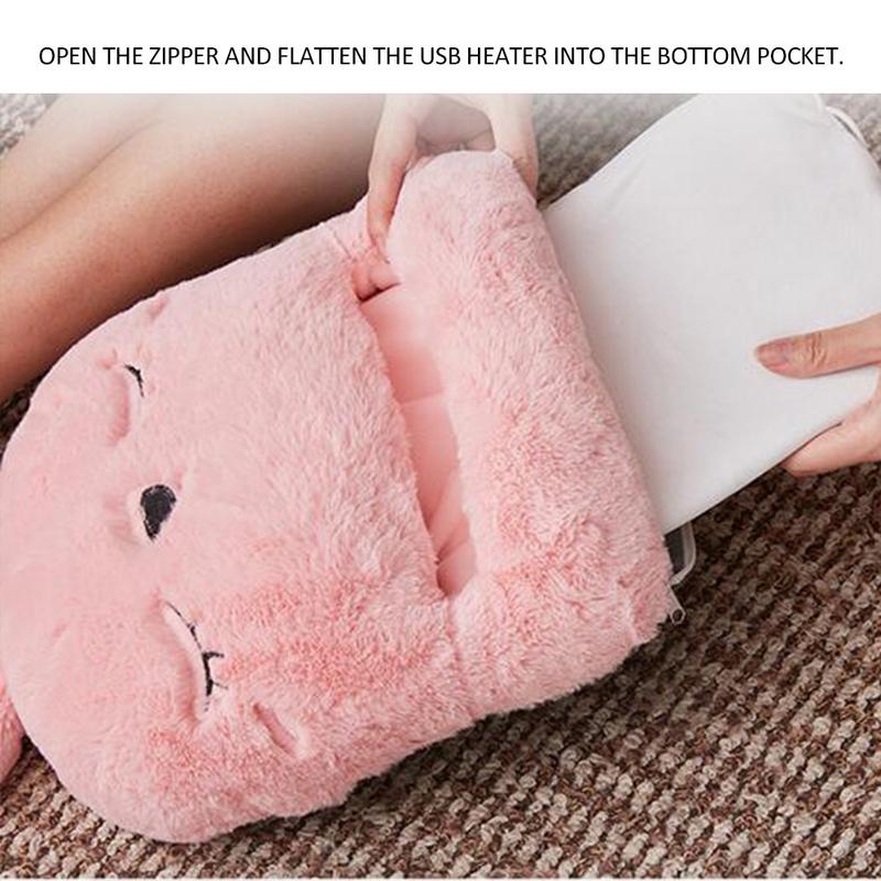 Plush pink USB shoe warmer with a zippered pocket, being opened to insert a white rectangular heating element.