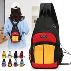 A woman wears a black, red, and yellow multifunctional sling backpack with a USB port and mesh side pocket.