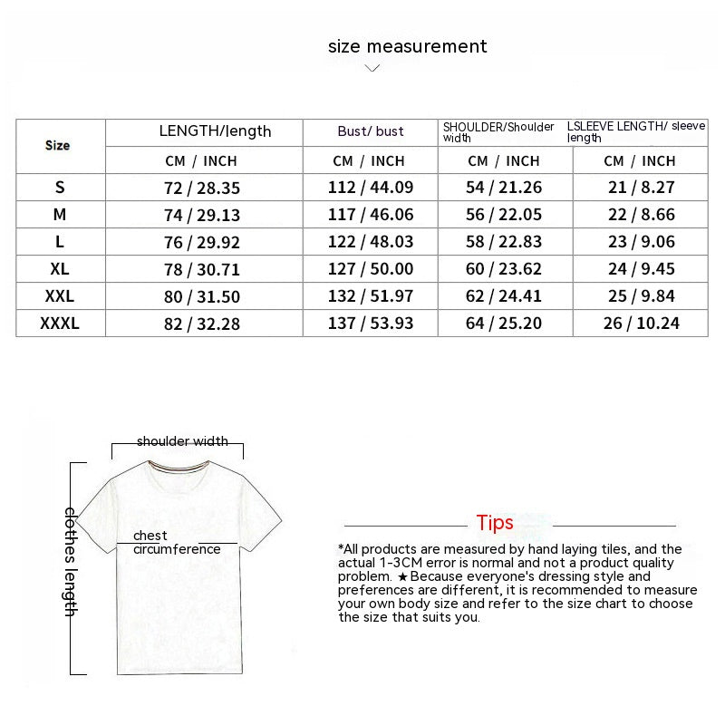 A clothing size measurement chart with a table for S-XXXL sizes and a t-shirt diagram showing measurement points.