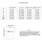 A clothing size measurement chart with a table for S-XXXL sizes and a t-shirt diagram showing measurement points.