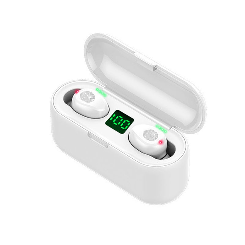 White wireless earbuds in an open charging case with a digital battery display showing 100% on a white background.