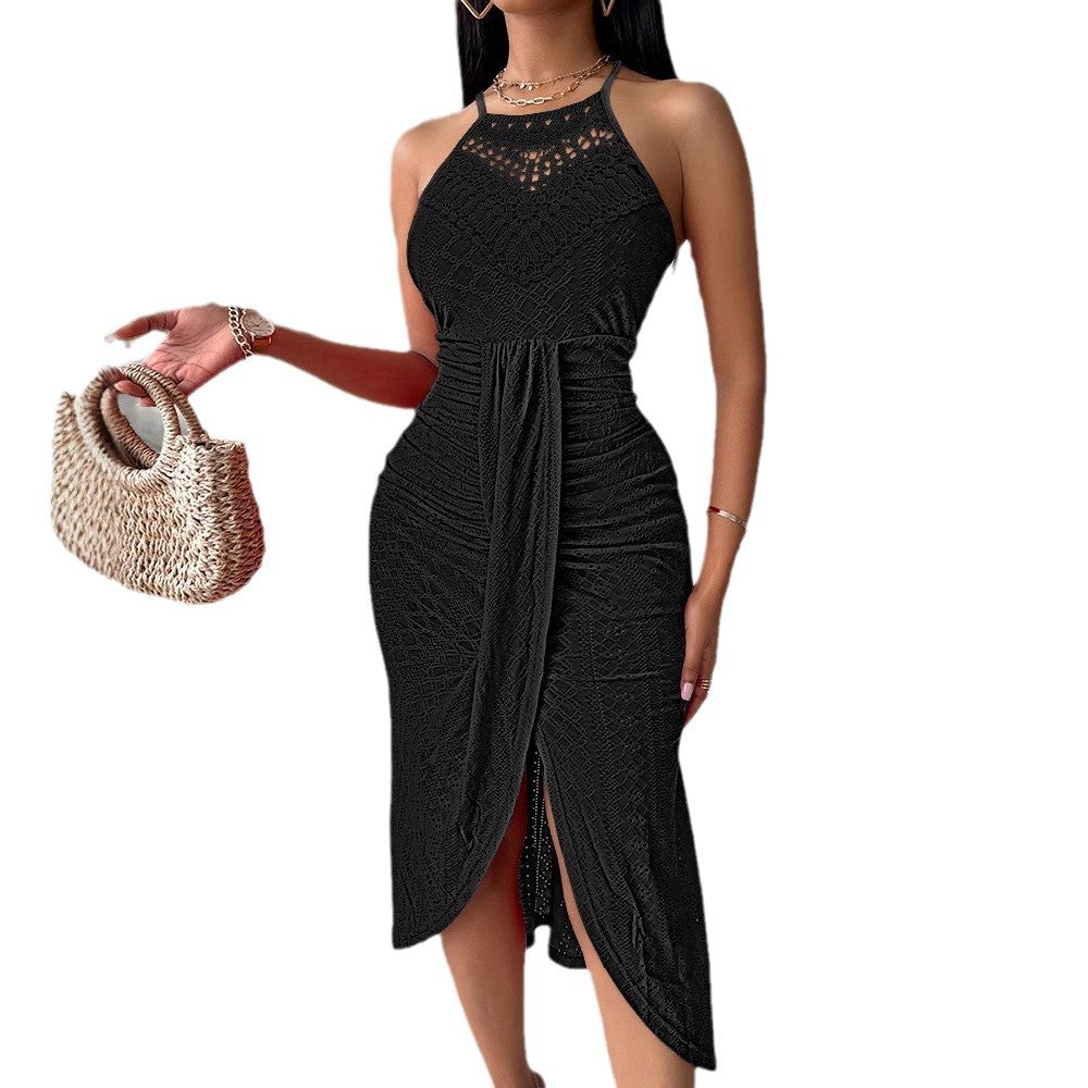 Model wearing a black sleeveless halter dress with a lace bodice, ruched waist, and asymmetric midi-length hem.