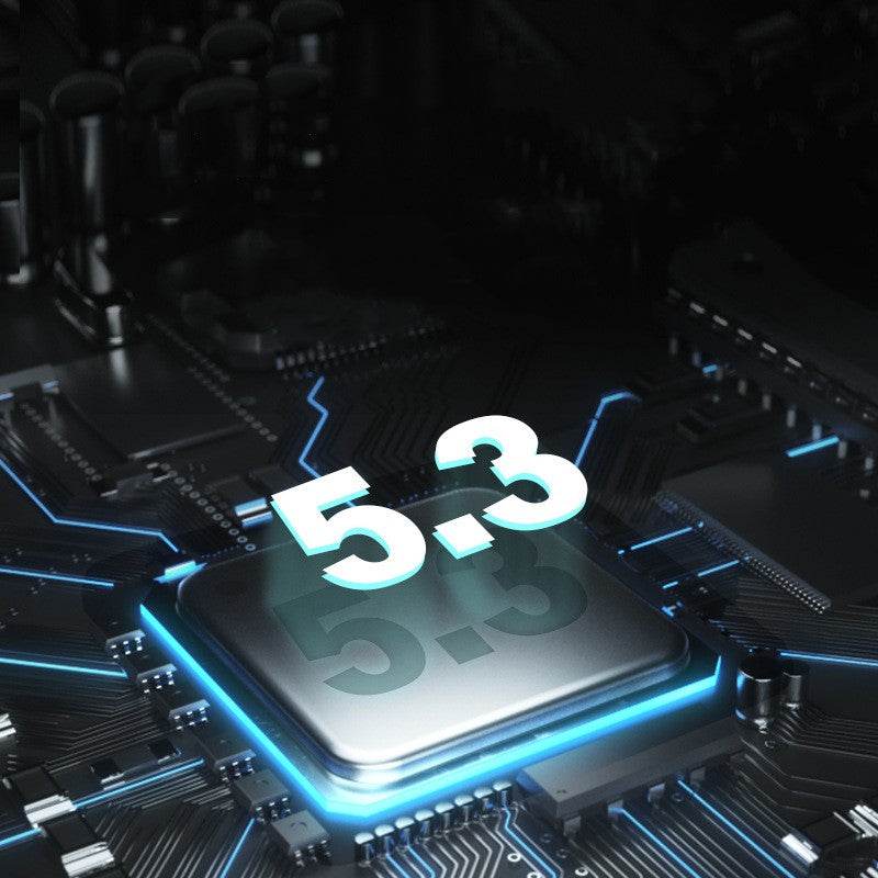 Digitaldistribution375 TWS headphones feature a black circuit board background with a glowing "5.3" Bluetooth chip.