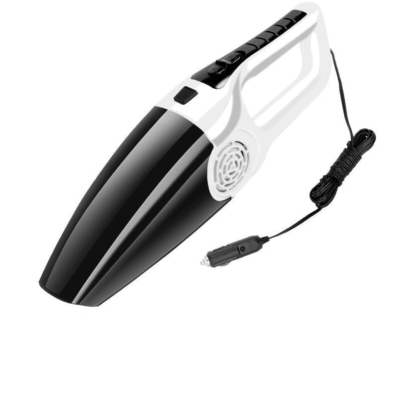 Portable black and white handheld car vacuum with a built-in power cord and car cigarette lighter plug adapter.