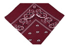 A square burgundy cotton bandana with a white traditional paisley and floral border pattern.