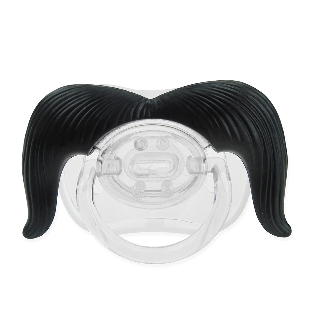 Clear silicone baby pacifier featuring a comical, textured black mustache design against a plain white background.