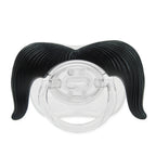 Clear silicone baby pacifier featuring a comical, textured black mustache design against a plain white background.