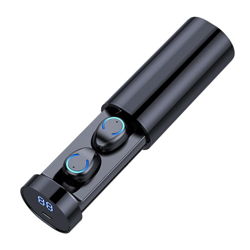 Black cylindrical wireless earbuds in a matching charging case with a digital battery display.