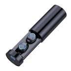 Black cylindrical wireless earbuds in a matching charging case with a digital battery display.