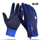 Blue waterproof winter sports gloves with zippered cuffs, textured anti-slip palms, and touch-screen fingertips.