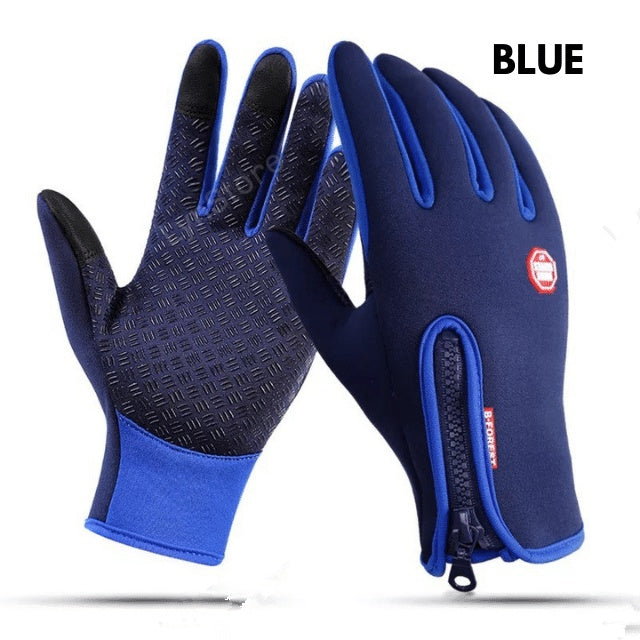 Blue waterproof winter sports gloves with zippered cuffs, textured anti-slip palms, and touch-screen fingertips.