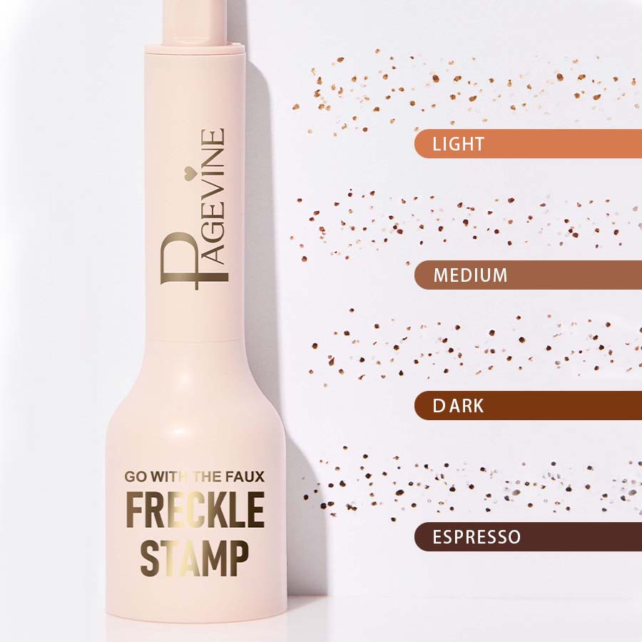 A light pink Pagevine freckle stamp pen next to four swatches labeled Light, Medium, Dark, and Espresso on white paper.