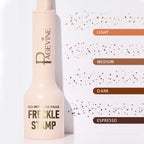 A light pink Pagevine freckle stamp pen next to four swatches labeled Light, Medium, Dark, and Espresso on white paper.