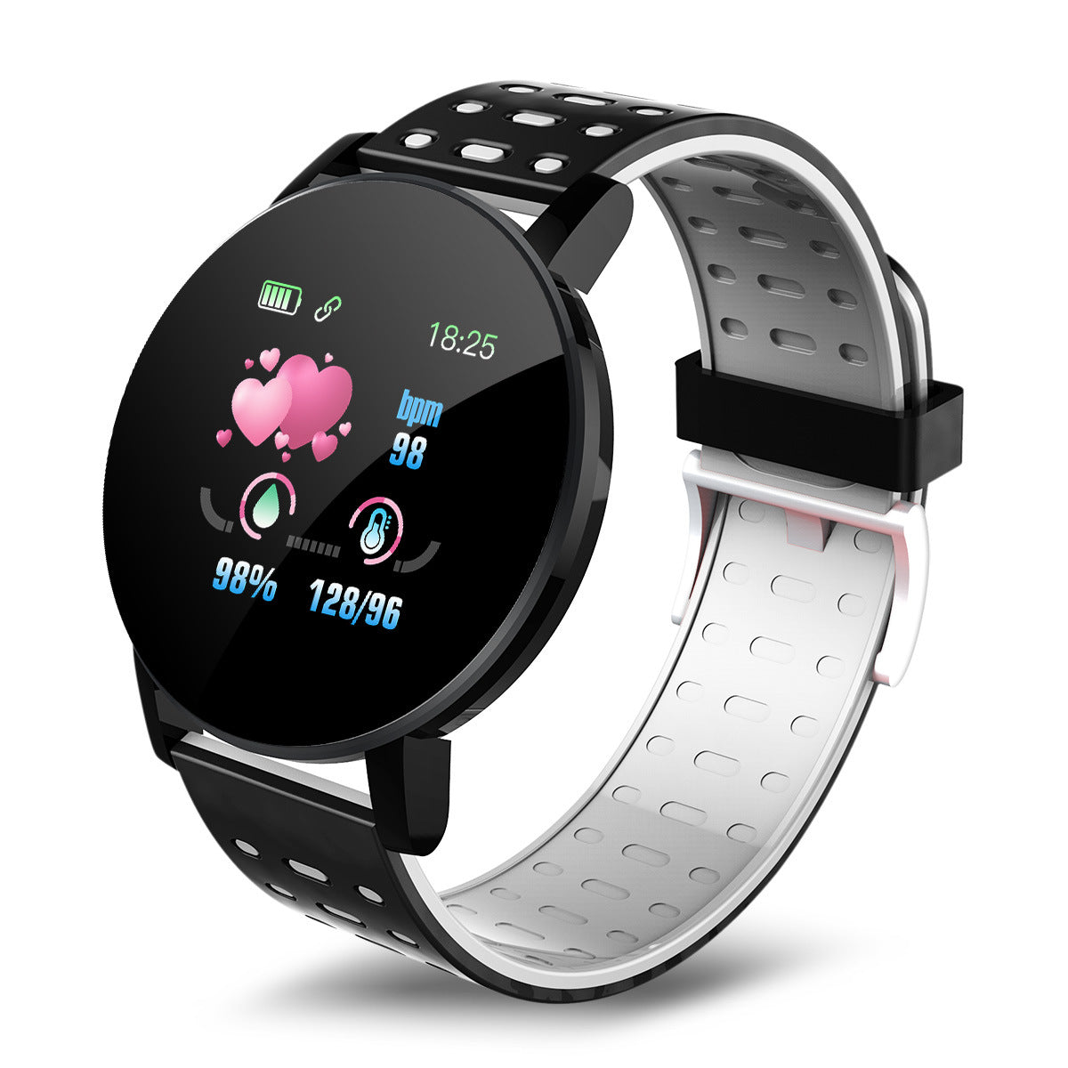 Digitaldistribution375 smartwatch with a black circular face, digital metrics, and a two-tone black and white strap.