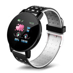 Digitaldistribution375 fitness tracker with round screen, showing heart rate and steps on a black and white silicone band.