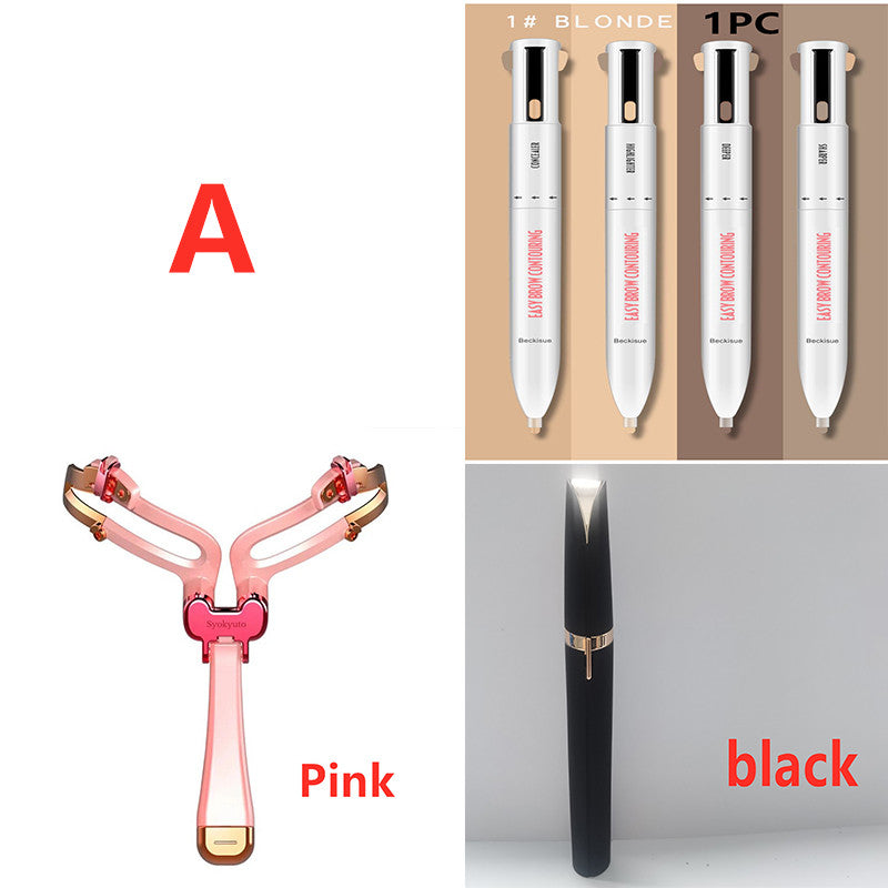 Eyebrow shaping set featuring a foldable pink stencil, 4-in-1 contouring pens, and a black electric trimmer.